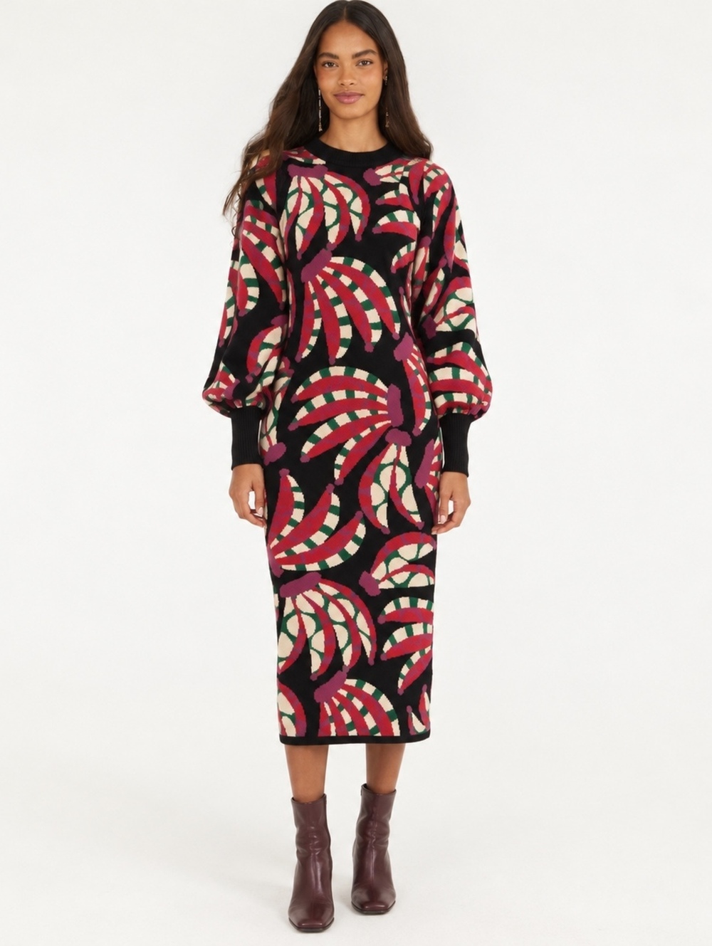 FARM Rio Banana Dots Knit Sweater Midi Dress Black Multi Puff Sleeve Small